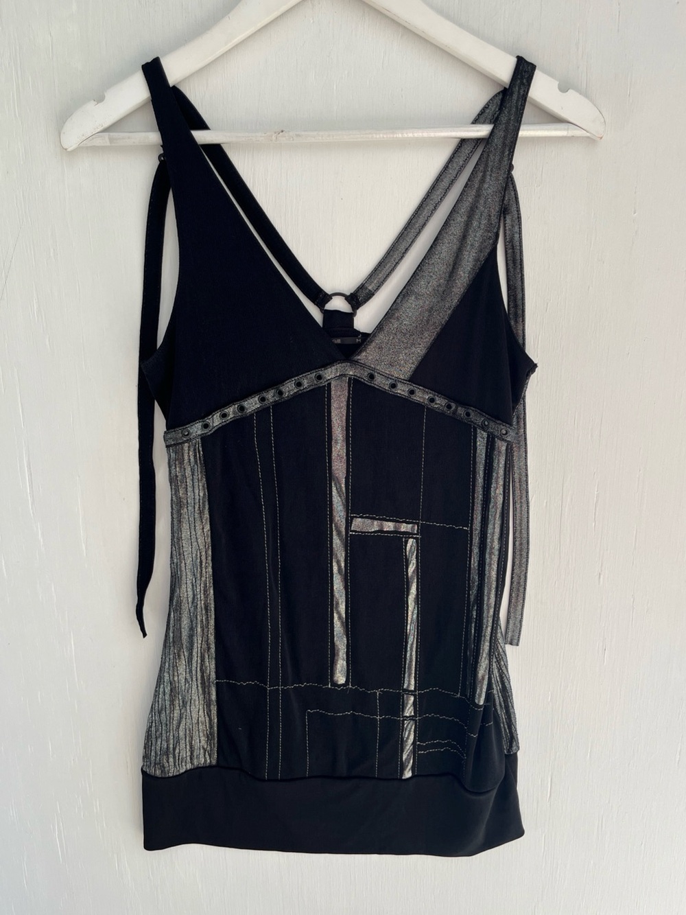 SALVAGE Vtg Black & Silver Tank Top Strappy Adjustable Straps Stretch Size M
